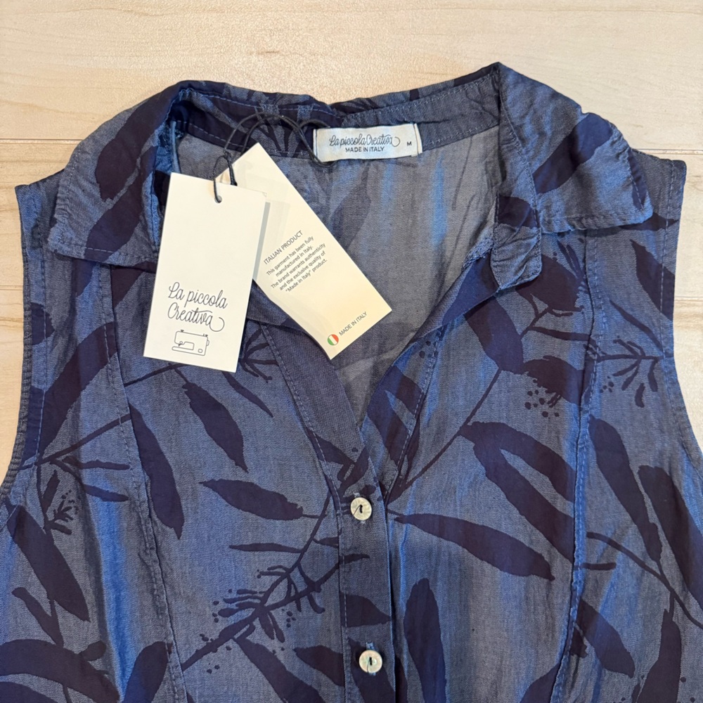Made in Italy Blue Leaf Print Sleeveless Midi Dress Super Soft Viscose Size M - Picture 8 of 10
